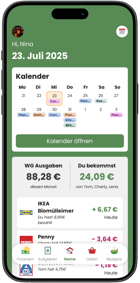 Livo App-Dashboard mit Kalender, WG-Ausgaben und Navigation